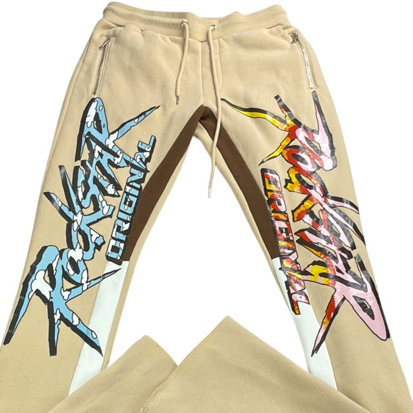 Rockstar Original Sweatpants Men's Size L Beige Graphic Print Zipper Pockets - Picture 1 of 9
